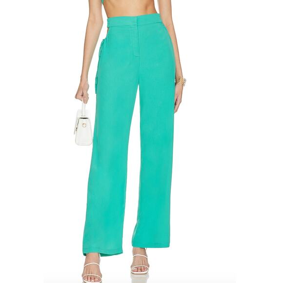 Revolve Green Hip Cutout Pants MEDIUM Wide Leg Trouser Mermaid More to Come NEW - Picture 1 of 9